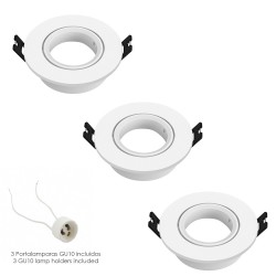 Aro Foco Empotrable Regulable Con Portalamparas Para Bombillas GU10 Ø 90 x 25 mm. Bombilla vista. Pack de 3 unidades